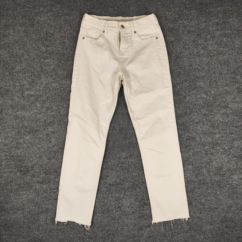 Old Navy Perfect Straight Jeans Womens 2 White Off White Mid Rise Raw Hem Denim